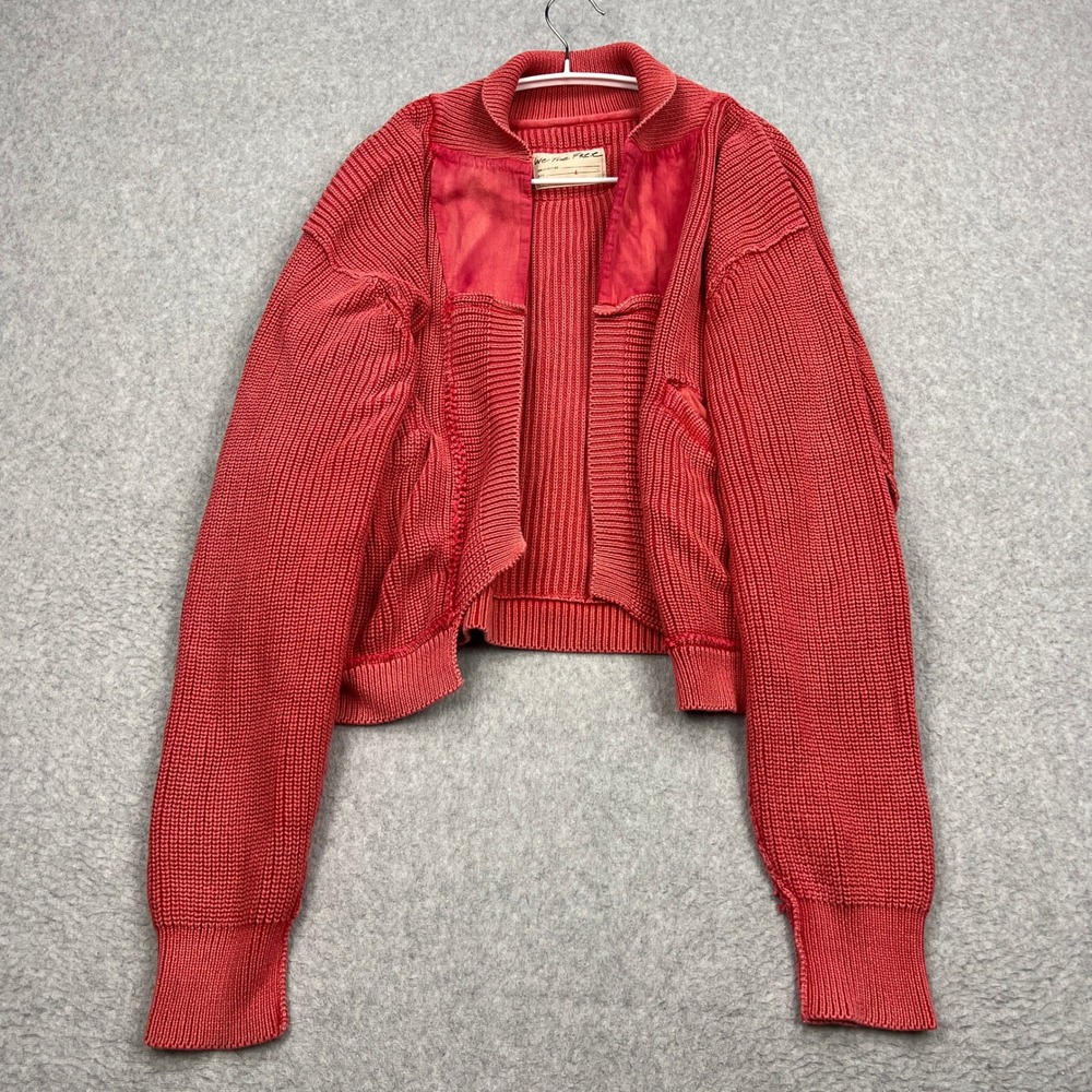 We The Free People Worn Thru Surplus Cardigan Women's Large Red Chunky Knit Boho